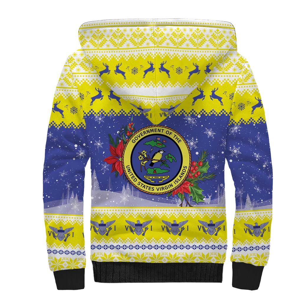 United States Virgin Islands Christmas Sherpa Hoodie Coat Of Arms With Poinsettia - Wonder Print Shop