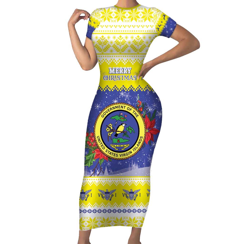 United States Virgin Islands Christmas Short Sleeve Bodycon Dress Coat Of Arms With Poinsettia - Wonder Print Shop