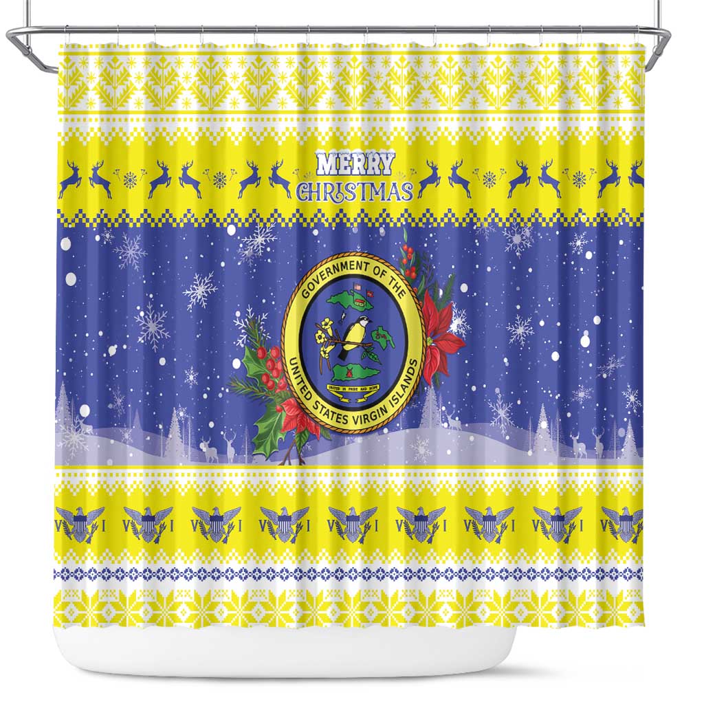 United States Virgin Islands Christmas Shower Curtain Coat Of Arms With Poinsettia - Wonder Print Shop