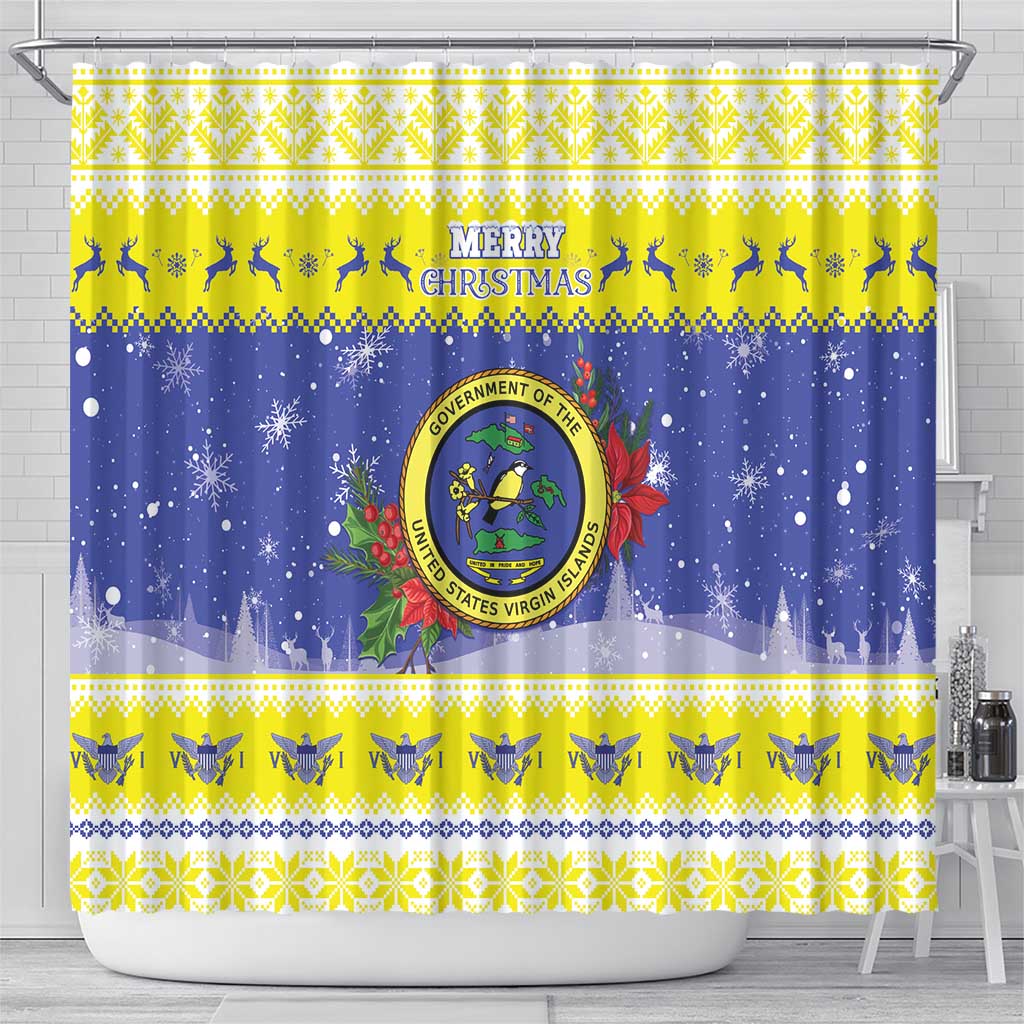 United States Virgin Islands Christmas Shower Curtain Coat Of Arms With Poinsettia - Wonder Print Shop