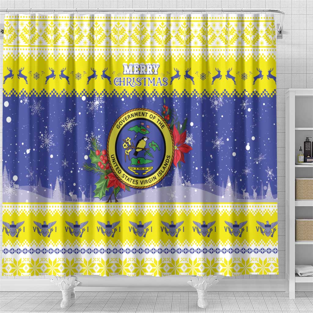 United States Virgin Islands Christmas Shower Curtain Coat Of Arms With Poinsettia - Wonder Print Shop