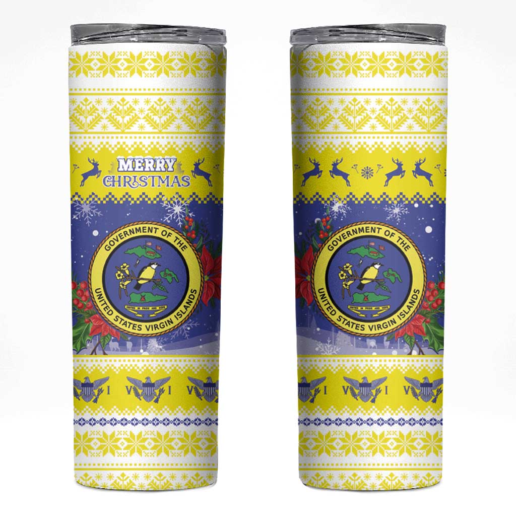 United States Virgin Islands Christmas Skinny Tumbler Coat Of Arms With Poinsettia - Wonder Print Shop