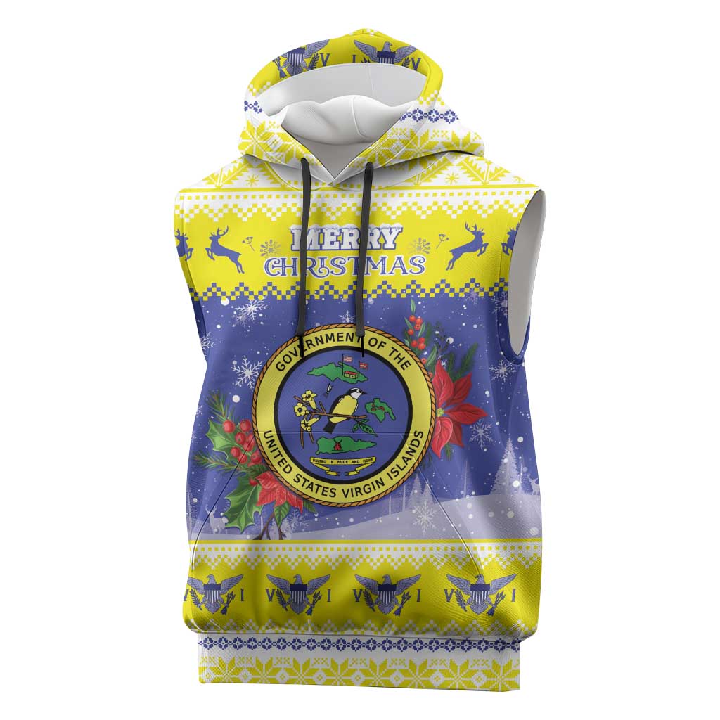 United States Virgin Islands Christmas Sleeveless Hoodie Coat Of Arms With Poinsettia - Wonder Print Shop
