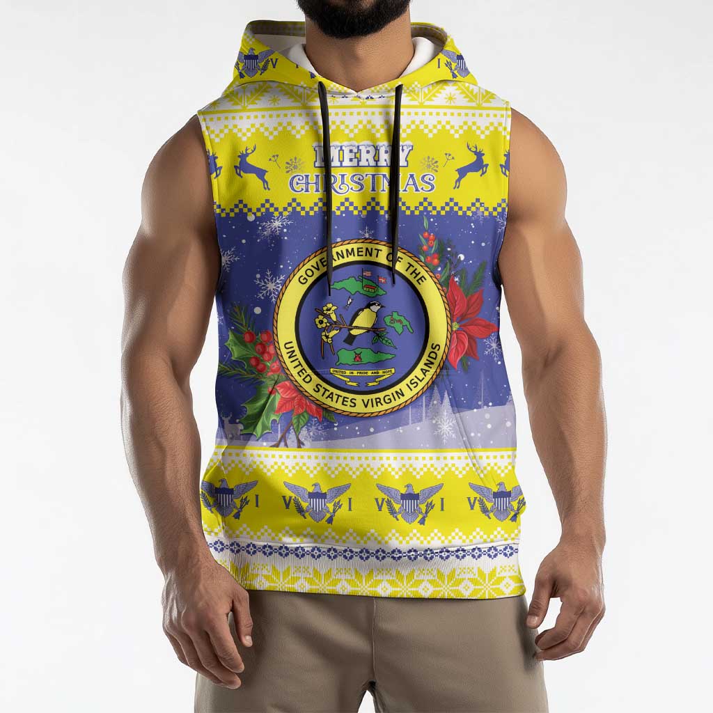 United States Virgin Islands Christmas Sleeveless Hoodie Coat Of Arms With Poinsettia - Wonder Print Shop