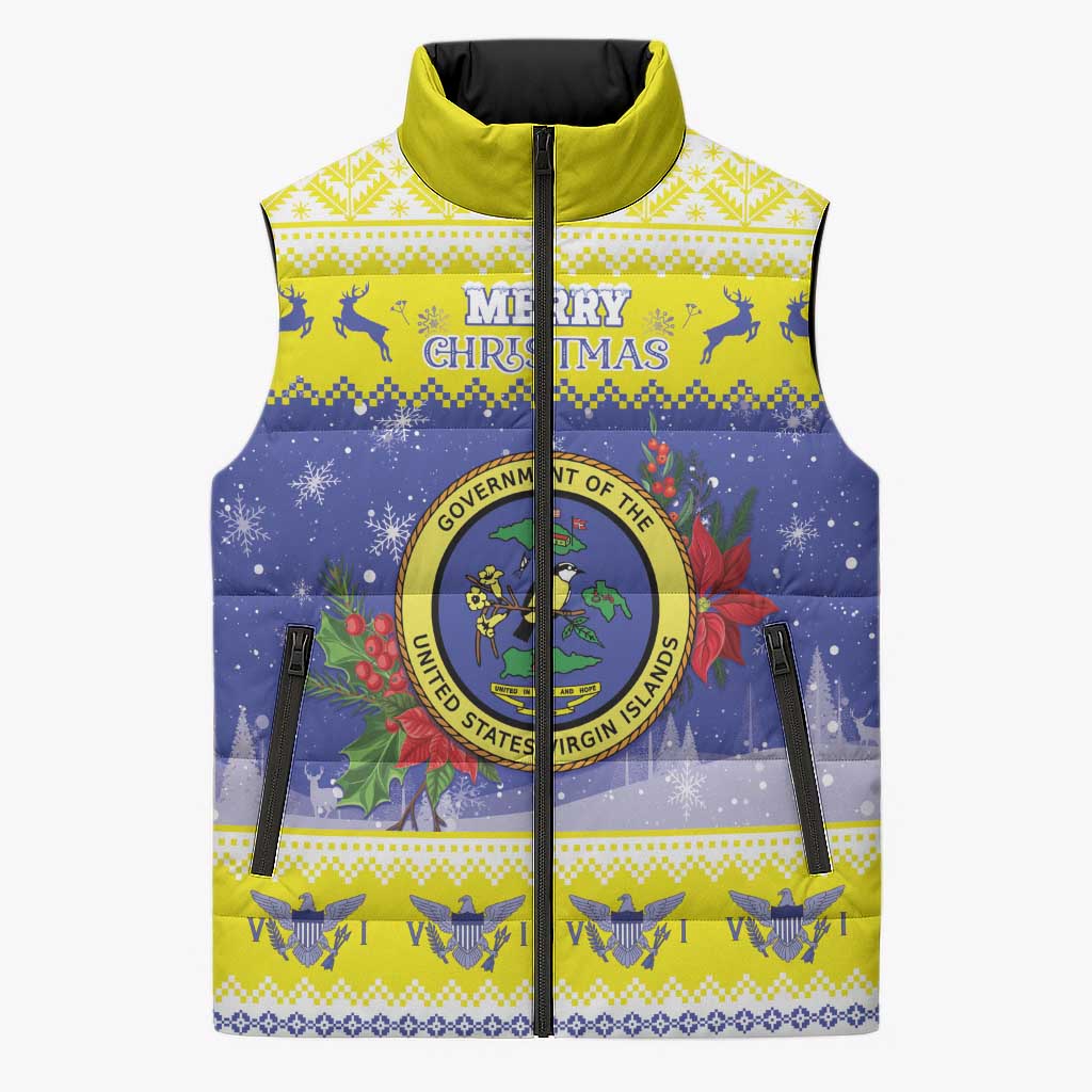 United States Virgin Islands Christmas Sleeveless Puffer Jacket Coat Of Arms With Poinsettia - Wonder Print Shop