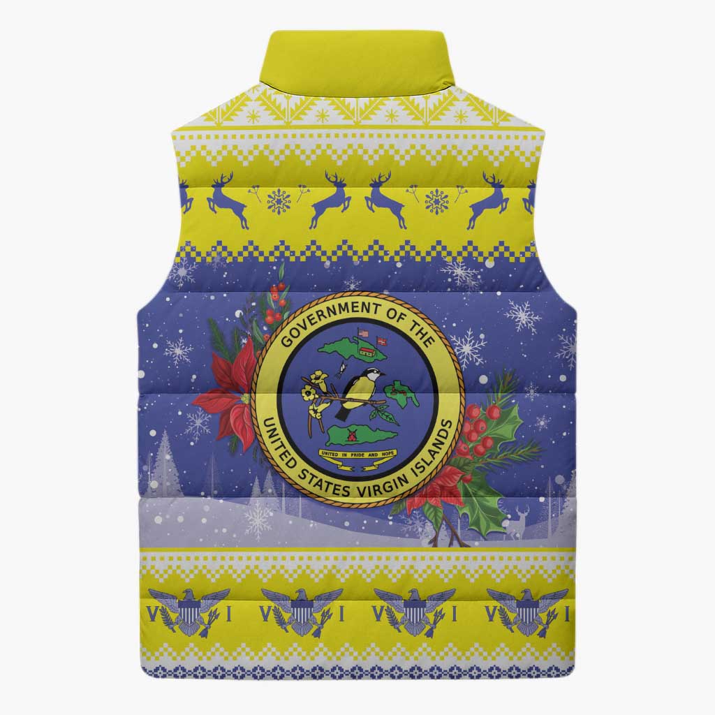 United States Virgin Islands Christmas Sleeveless Puffer Jacket Coat Of Arms With Poinsettia - Wonder Print Shop