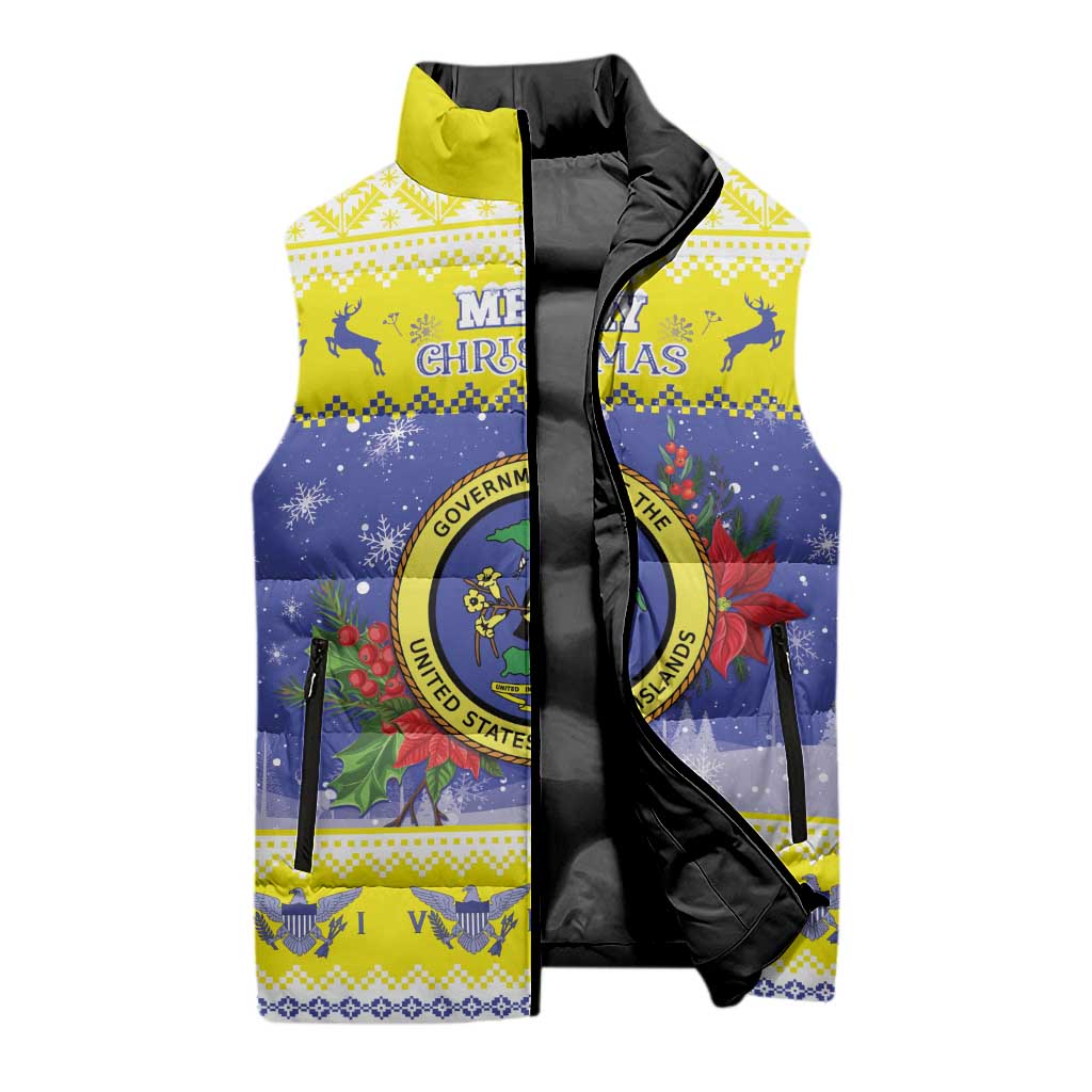 United States Virgin Islands Christmas Sleeveless Puffer Jacket Coat Of Arms With Poinsettia - Wonder Print Shop