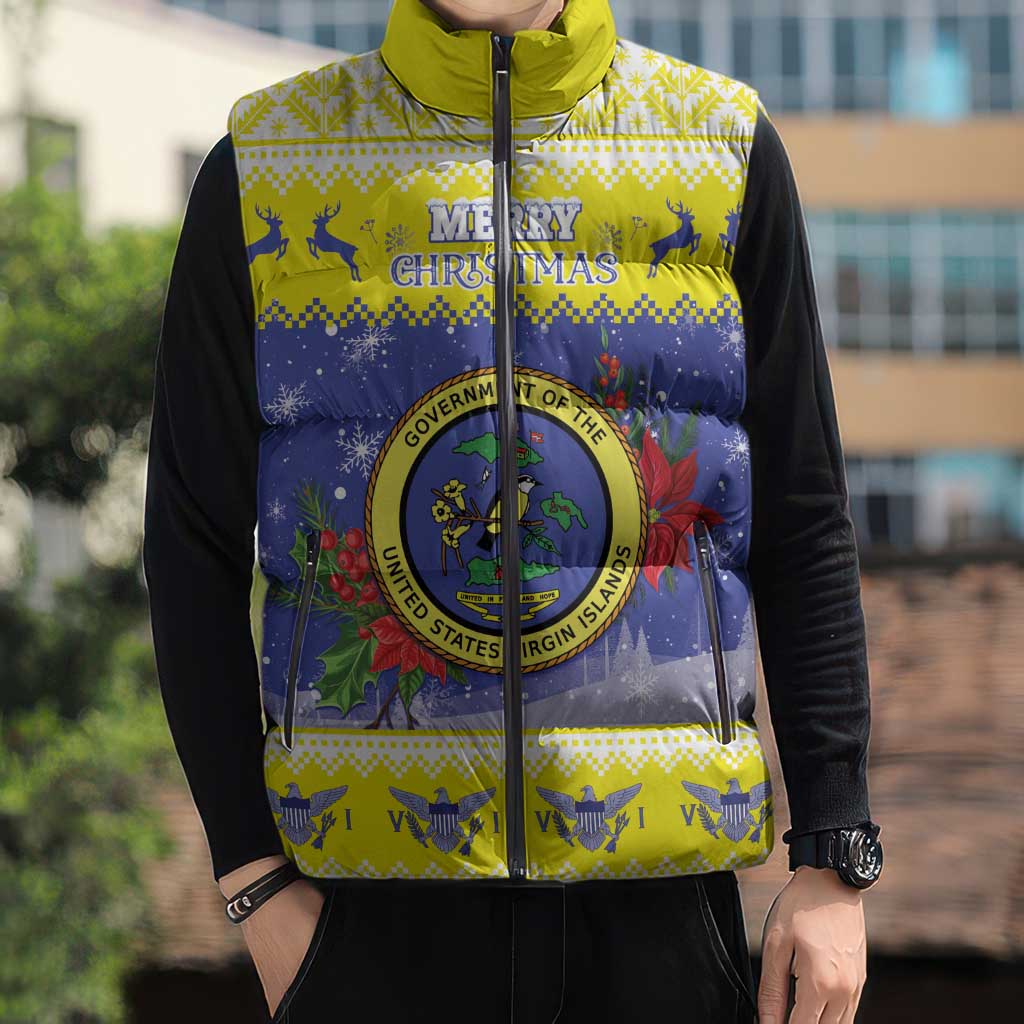 United States Virgin Islands Christmas Sleeveless Puffer Jacket Coat Of Arms With Poinsettia - Wonder Print Shop