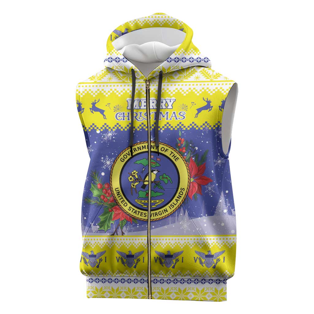 United States Virgin Islands Christmas Sleeveless Zip Hoodie Coat Of Arms With Poinsettia - Wonder Print Shop