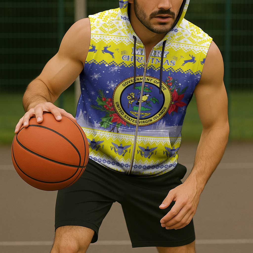 United States Virgin Islands Christmas Sleeveless Zip Hoodie Coat Of Arms With Poinsettia - Wonder Print Shop