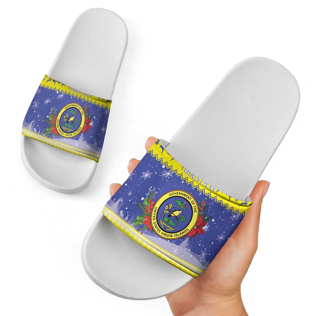 United States Virgin Islands Christmas Slide Sandals Coat Of Arms With Poinsettia - Wonder Print Shop