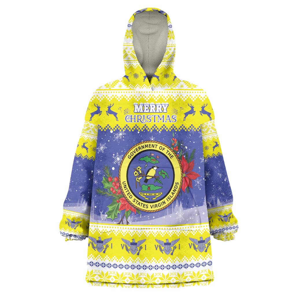 United States Virgin Islands Christmas Wearable Blanket Hoodie Coat Of Arms With Poinsettia - Wonder Print Shop