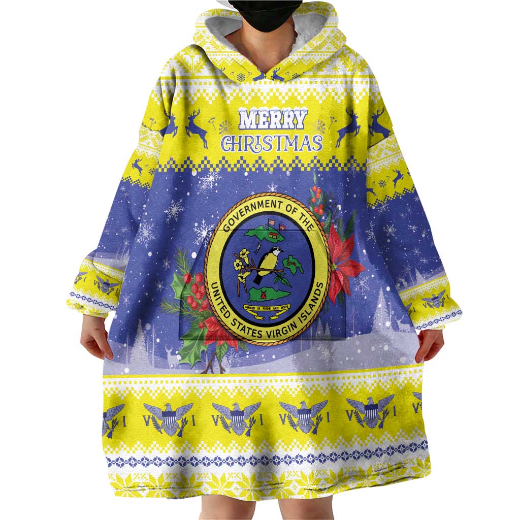 United States Virgin Islands Christmas Wearable Blanket Hoodie Coat Of Arms With Poinsettia - Wonder Print Shop