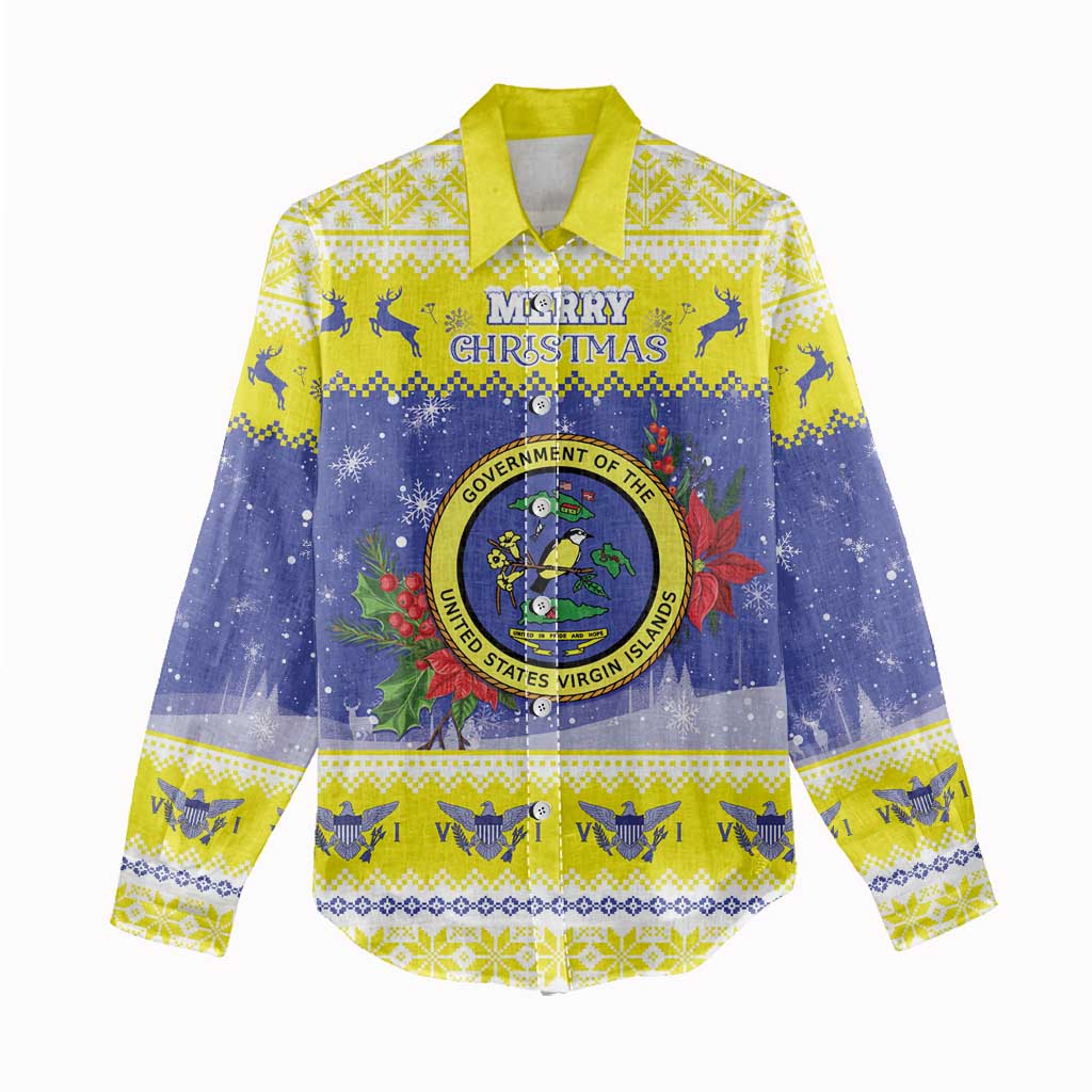 United States Virgin Islands Christmas Women Casual Shirt Coat Of Arms With Poinsettia - Wonder Print Shop