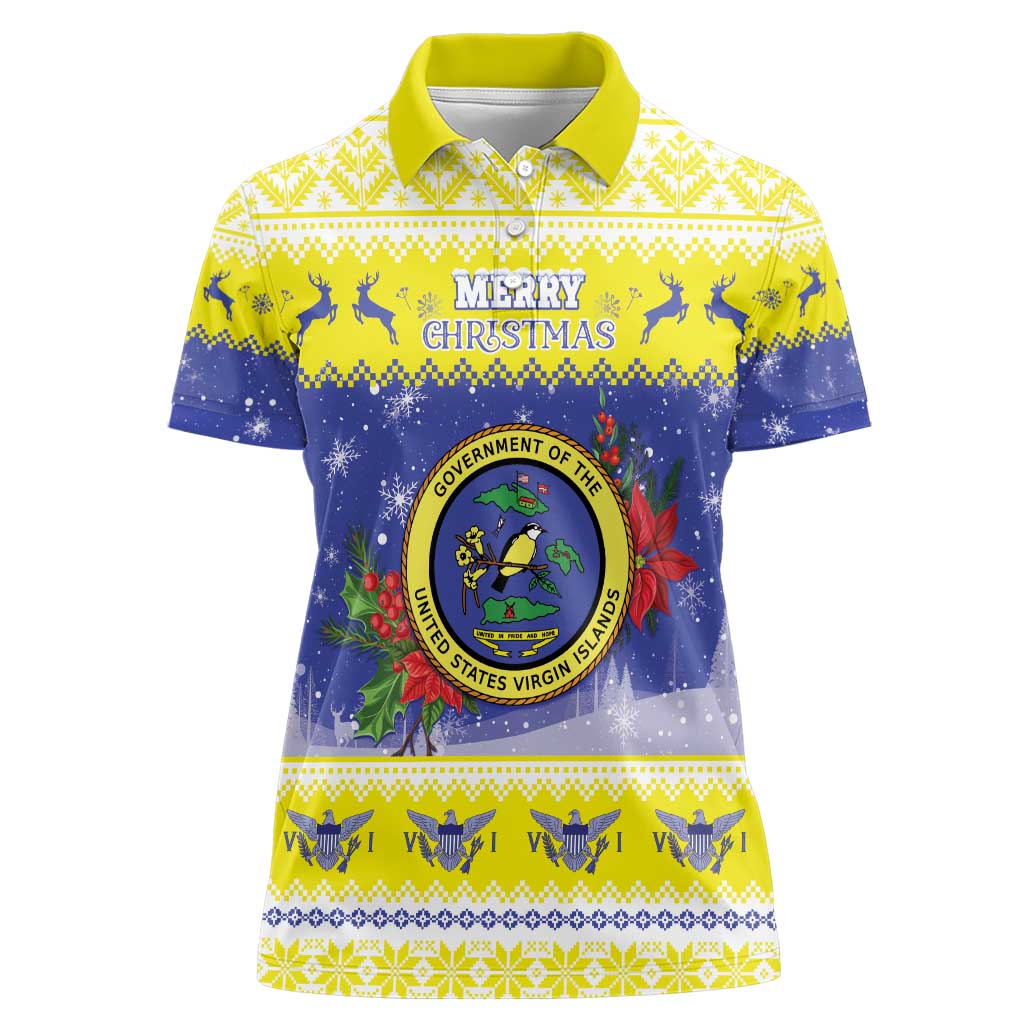 United States Virgin Islands Christmas Women Polo Shirt Coat Of Arms With Poinsettia - Wonder Print Shop