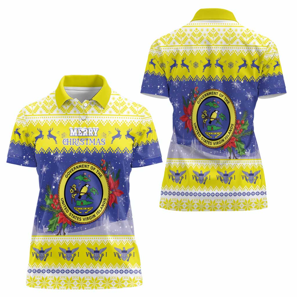 United States Virgin Islands Christmas Women Polo Shirt Coat Of Arms With Poinsettia - Wonder Print Shop