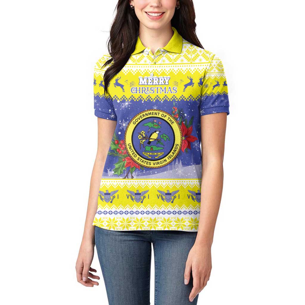 United States Virgin Islands Christmas Women Polo Shirt Coat Of Arms With Poinsettia - Wonder Print Shop
