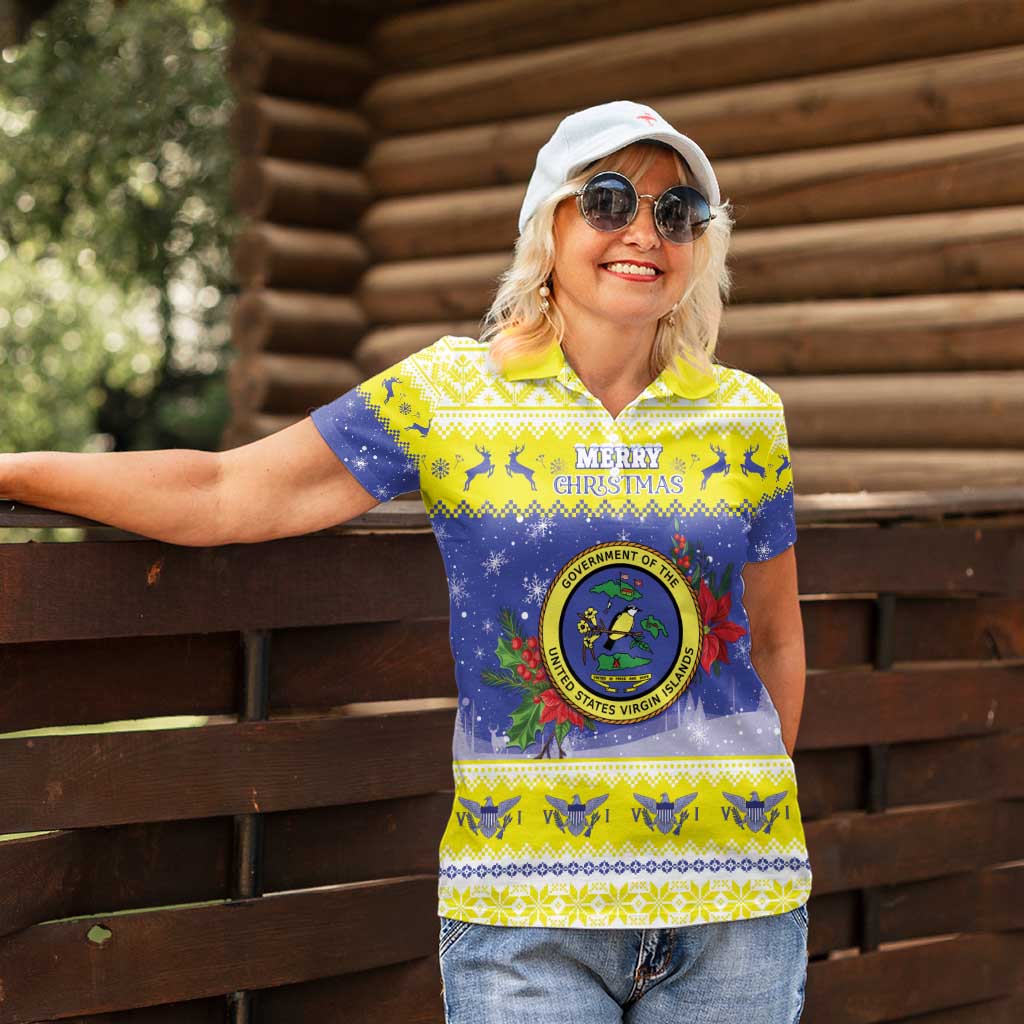 United States Virgin Islands Christmas Women Polo Shirt Coat Of Arms With Poinsettia - Wonder Print Shop