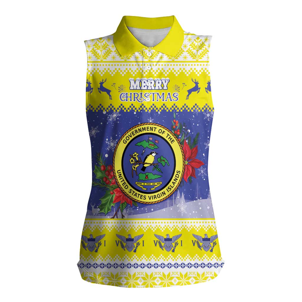 United States Virgin Islands Christmas Women Sleeveless Polo Shirt Coat Of Arms With Poinsettia - Wonder Print Shop