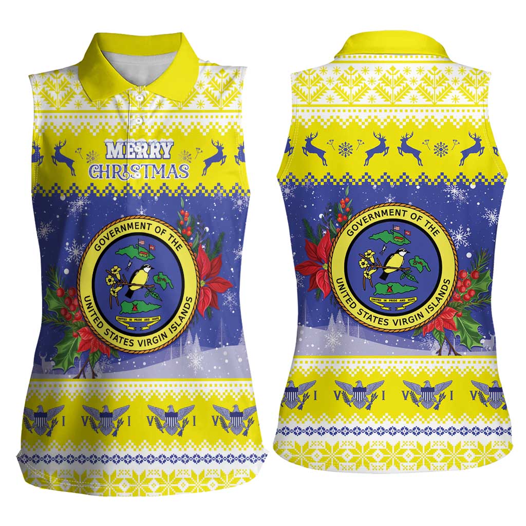 United States Virgin Islands Christmas Women Sleeveless Polo Shirt Coat Of Arms With Poinsettia - Wonder Print Shop