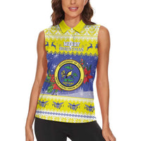 United States Virgin Islands Christmas Women Sleeveless Polo Shirt Coat Of Arms With Poinsettia - Wonder Print Shop