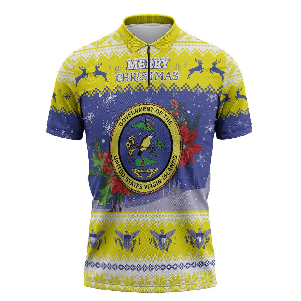United States Virgin Islands Christmas Zipper Polo Shirt Coat Of Arms With Poinsettia - Wonder Print Shop