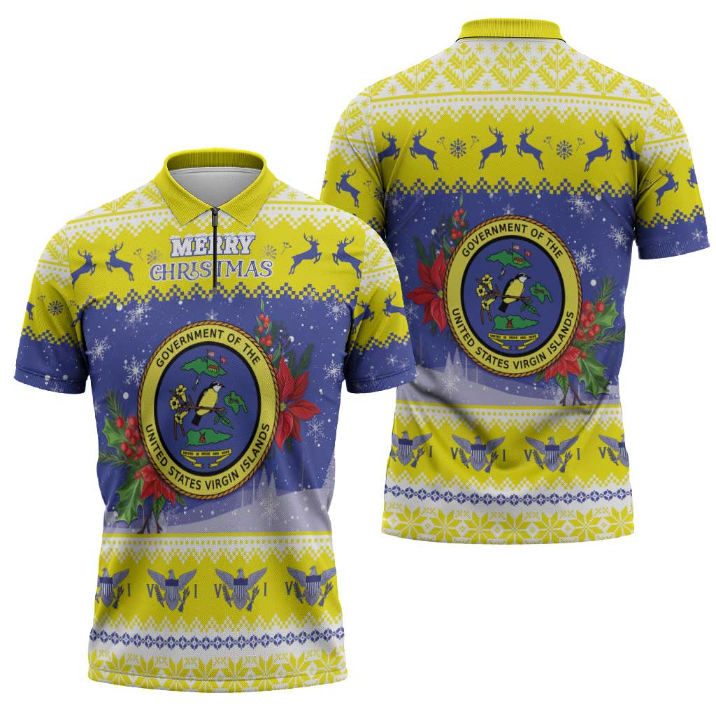 United States Virgin Islands Christmas Zipper Polo Shirt Coat Of Arms With Poinsettia - Wonder Print Shop