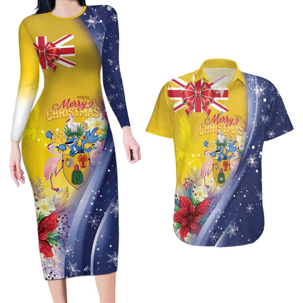 Turks And Caicos Islands Christmas Couples Matching Long Sleeve Bodycon Dress and Hawaiian Shirt Coquette Bow With Coat Of Arms - Wonder Print Shop
