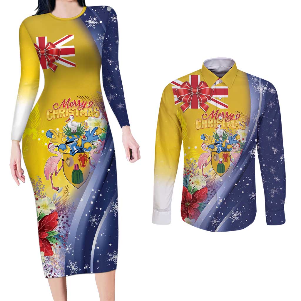 Turks And Caicos Islands Christmas Couples Matching Long Sleeve Bodycon Dress and Long Sleeve Button Shirt Coquette Bow With Coat Of Arms - Wonder Print Shop