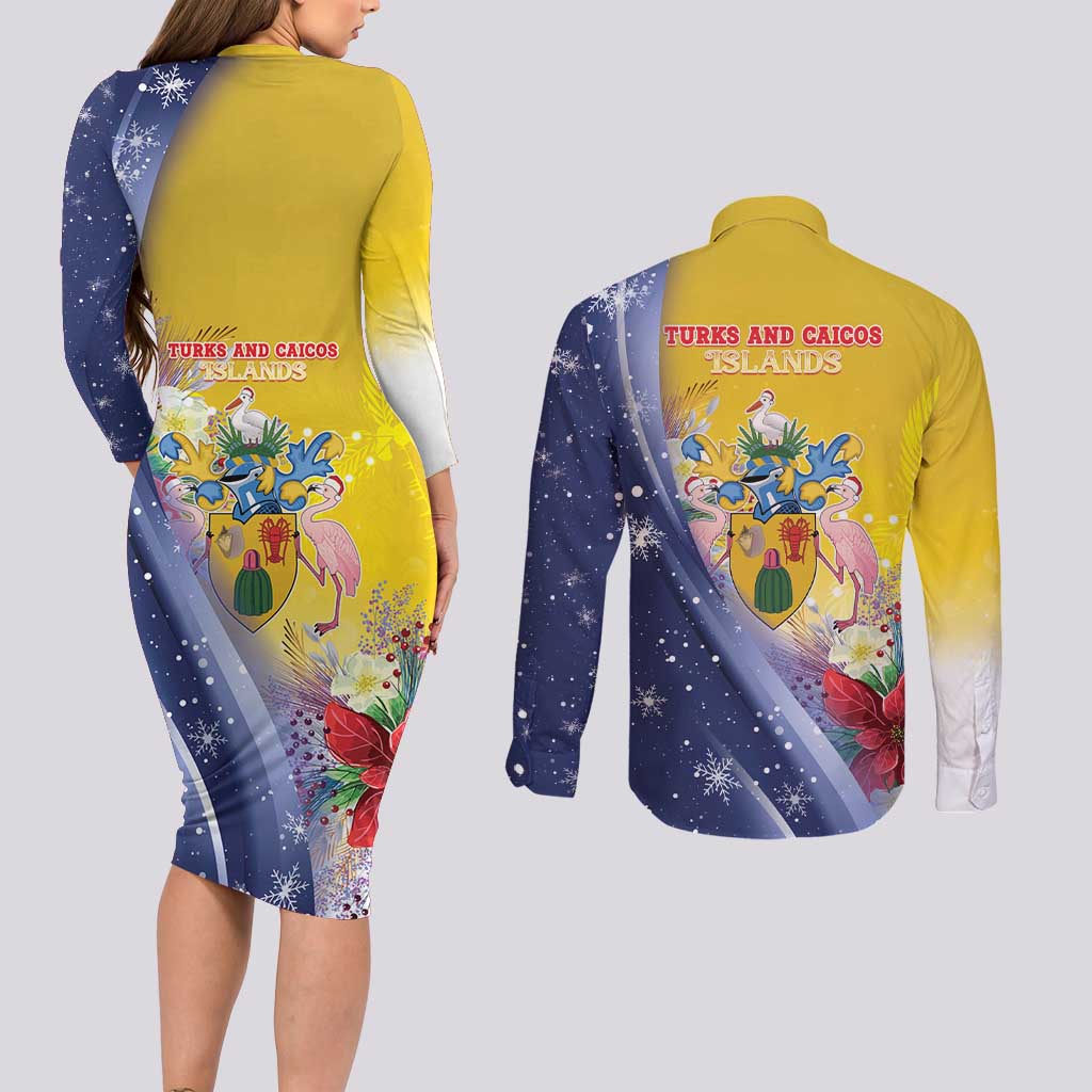 Turks And Caicos Islands Christmas Couples Matching Long Sleeve Bodycon Dress and Long Sleeve Button Shirt Coquette Bow With Coat Of Arms - Wonder Print Shop