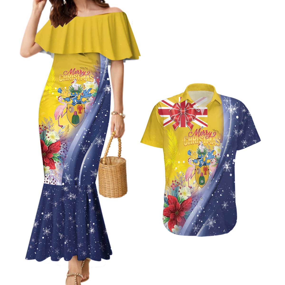 Turks And Caicos Islands Christmas Couples Matching Mermaid Dress and Hawaiian Shirt Coquette Bow With Coat Of Arms - Wonder Print Shop
