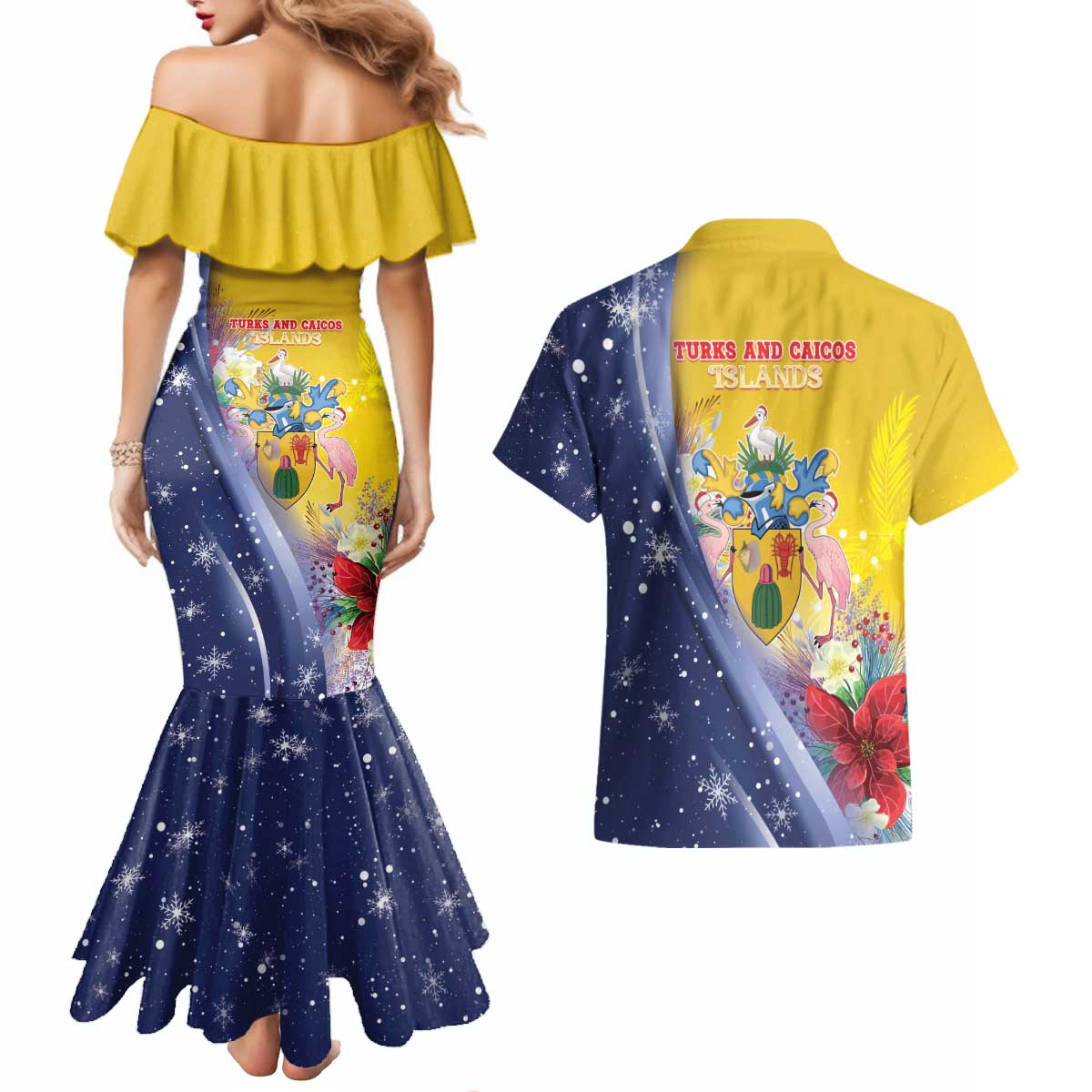 Turks And Caicos Islands Christmas Couples Matching Mermaid Dress and Hawaiian Shirt Coquette Bow With Coat Of Arms - Wonder Print Shop