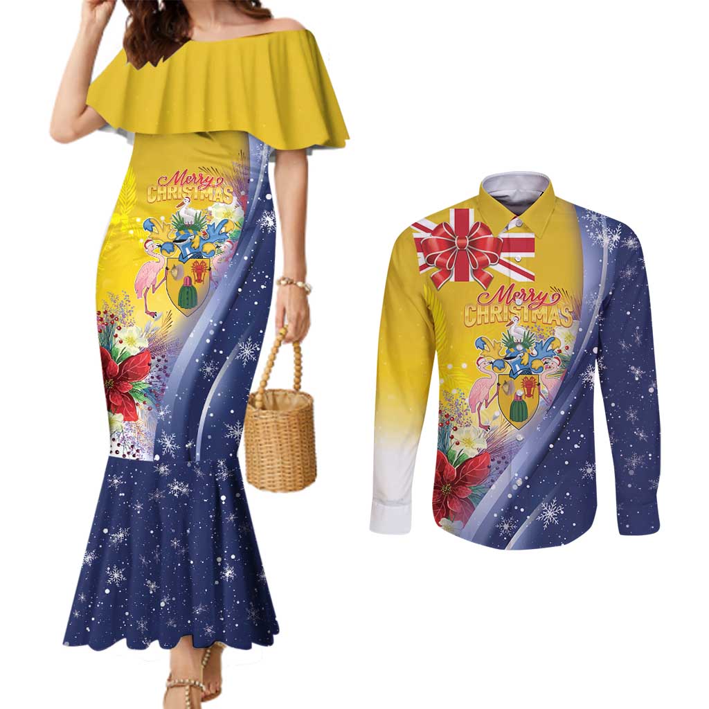 Turks And Caicos Islands Christmas Couples Matching Mermaid Dress and Long Sleeve Button Shirt Coquette Bow With Coat Of Arms - Wonder Print Shop