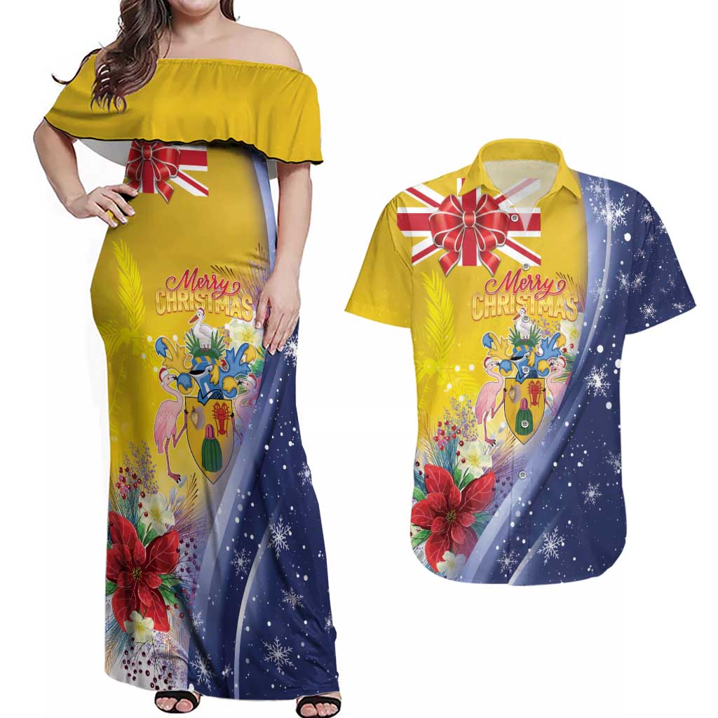 Turks And Caicos Islands Christmas Couples Matching Off Shoulder Maxi Dress and Hawaiian Shirt Coquette Bow With Coat Of Arms - Wonder Print Shop