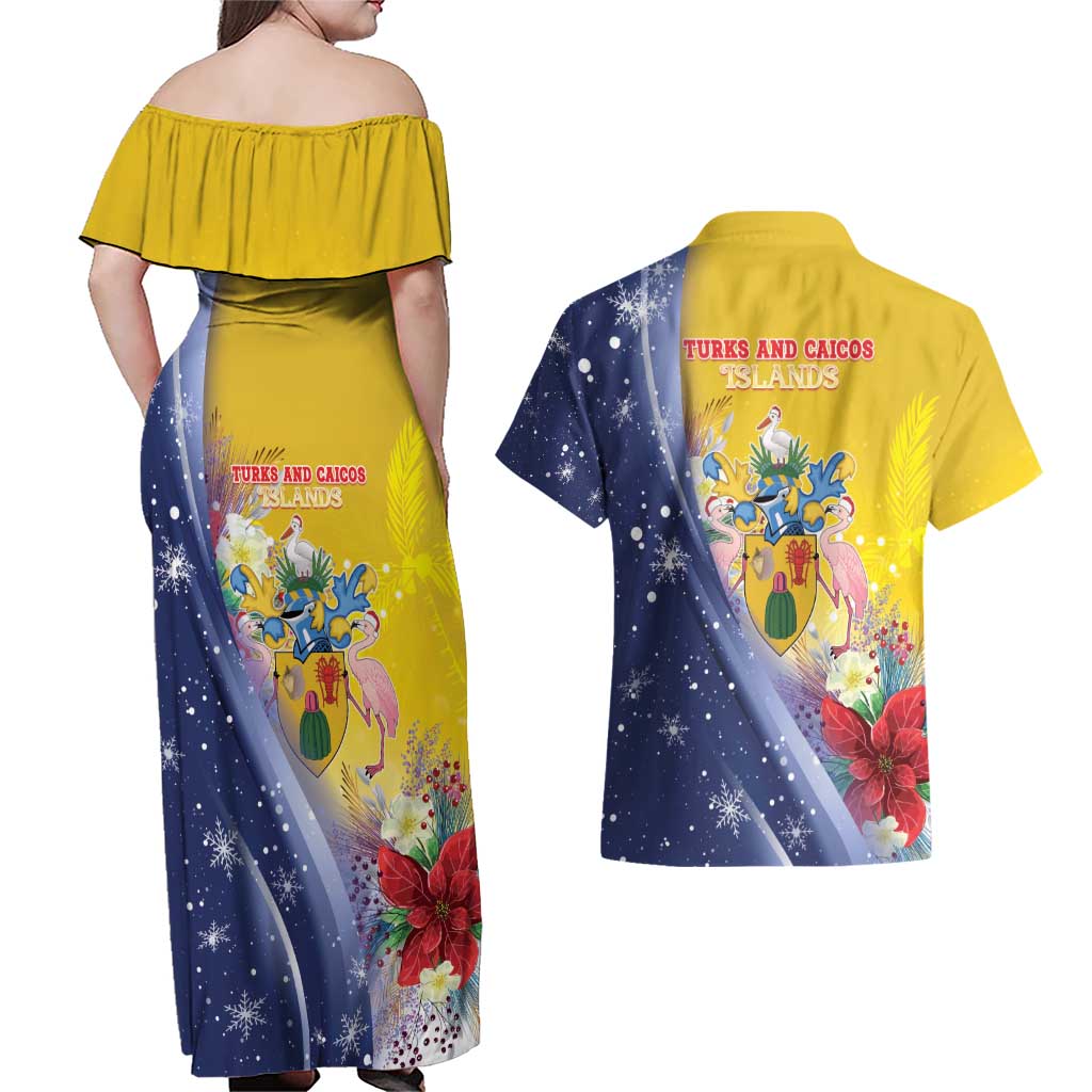 Turks And Caicos Islands Christmas Couples Matching Off Shoulder Maxi Dress and Hawaiian Shirt Coquette Bow With Coat Of Arms - Wonder Print Shop