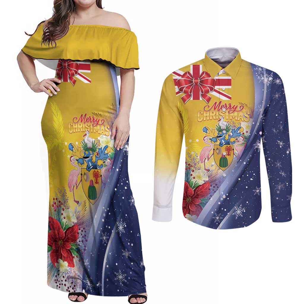 Turks And Caicos Islands Christmas Couples Matching Off Shoulder Maxi Dress and Long Sleeve Button Shirt Coquette Bow With Coat Of Arms - Wonder Print Shop