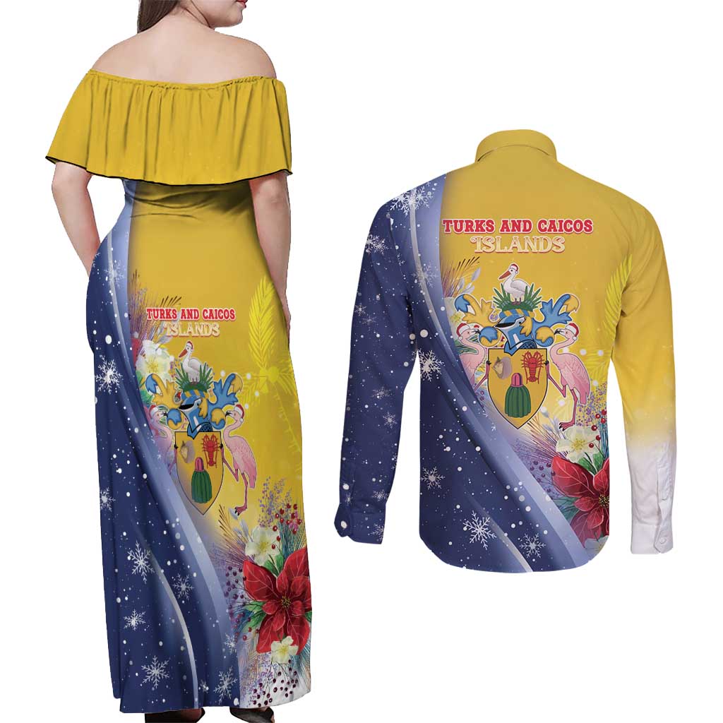 Turks And Caicos Islands Christmas Couples Matching Off Shoulder Maxi Dress and Long Sleeve Button Shirt Coquette Bow With Coat Of Arms - Wonder Print Shop