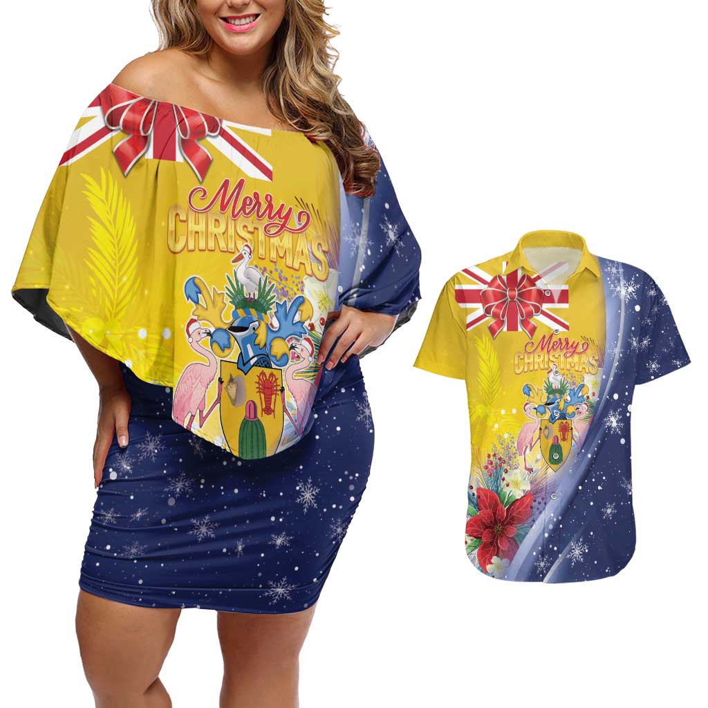 Turks And Caicos Islands Christmas Couples Matching Off Shoulder Short Dress and Hawaiian Shirt Coquette Bow With Coat Of Arms - Wonder Print Shop