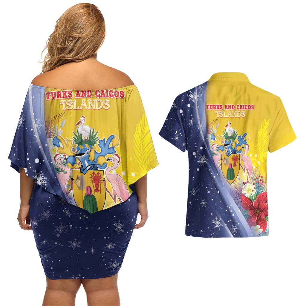 Turks And Caicos Islands Christmas Couples Matching Off Shoulder Short Dress and Hawaiian Shirt Coquette Bow With Coat Of Arms - Wonder Print Shop