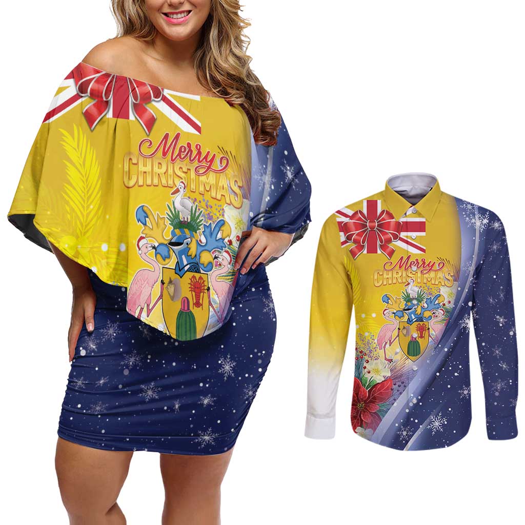 Turks And Caicos Islands Christmas Couples Matching Off Shoulder Short Dress and Long Sleeve Button Shirt Coquette Bow With Coat Of Arms - Wonder Print Shop