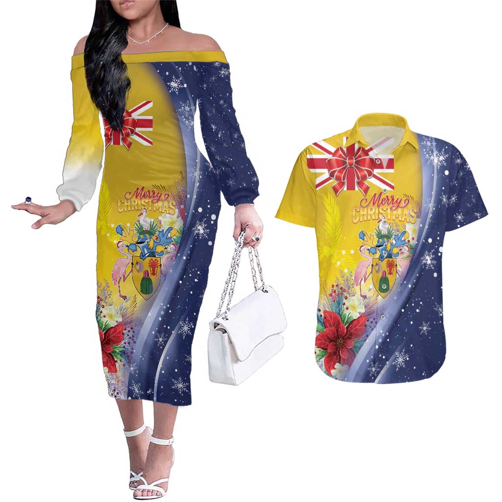 Turks And Caicos Islands Christmas Couples Matching Off The Shoulder Long Sleeve Dress and Hawaiian Shirt Coquette Bow With Coat Of Arms - Wonder Print Shop