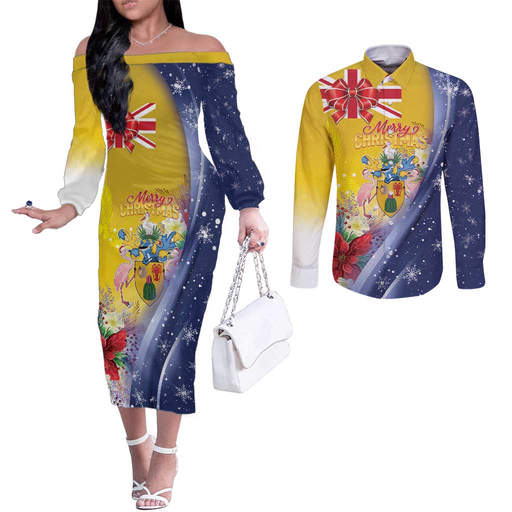 Turks And Caicos Islands Christmas Couples Matching Off The Shoulder Long Sleeve Dress and Long Sleeve Button Shirt Coquette Bow With Coat Of Arms - Wonder Print Shop