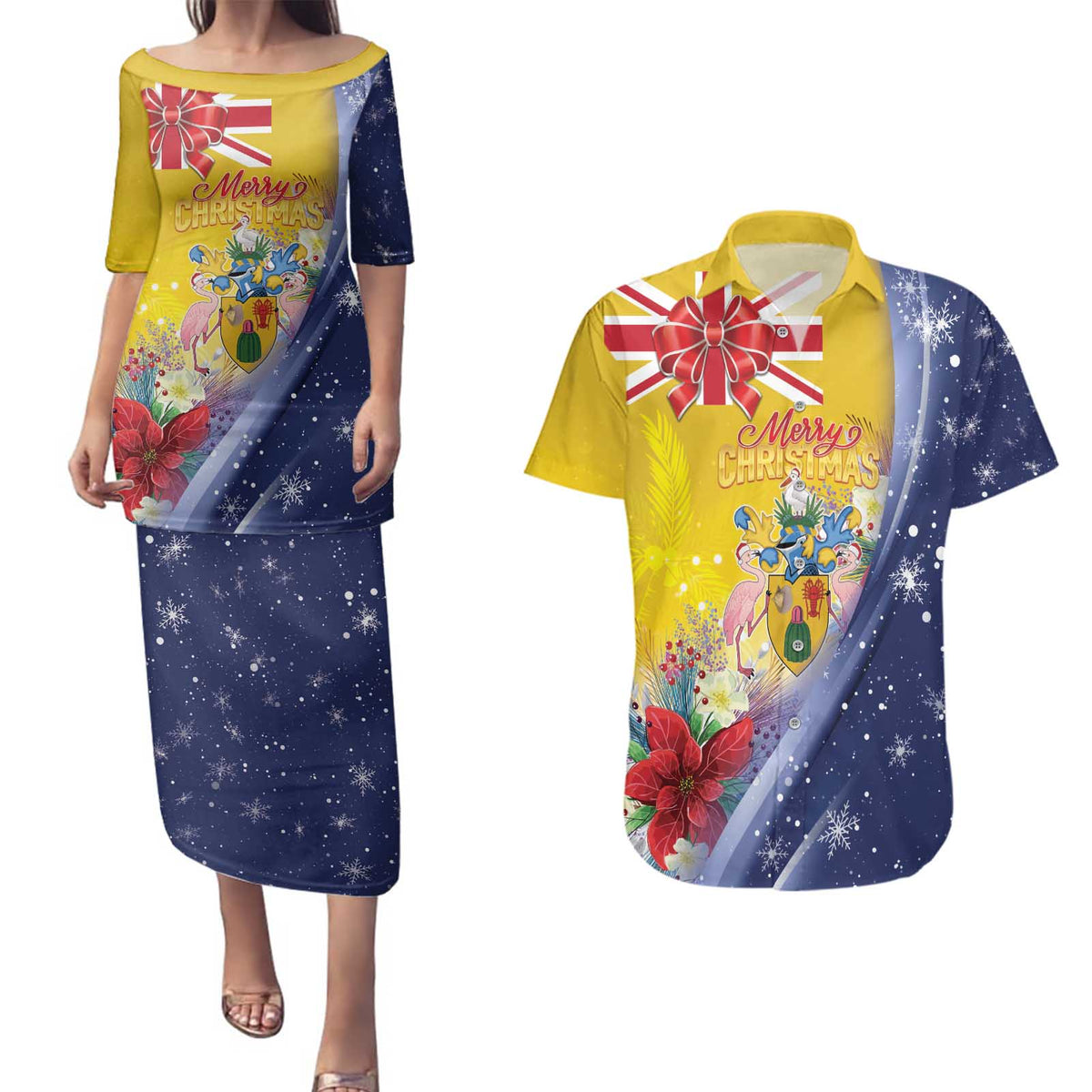 Turks And Caicos Islands Christmas Couples Matching Puletasi and Hawaiian Shirt Coquette Bow With Coat Of Arms - Wonder Print Shop