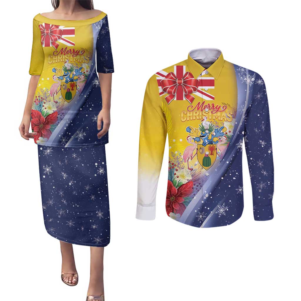 Turks And Caicos Islands Christmas Couples Matching Puletasi and Long Sleeve Button Shirt Coquette Bow With Coat Of Arms - Wonder Print Shop