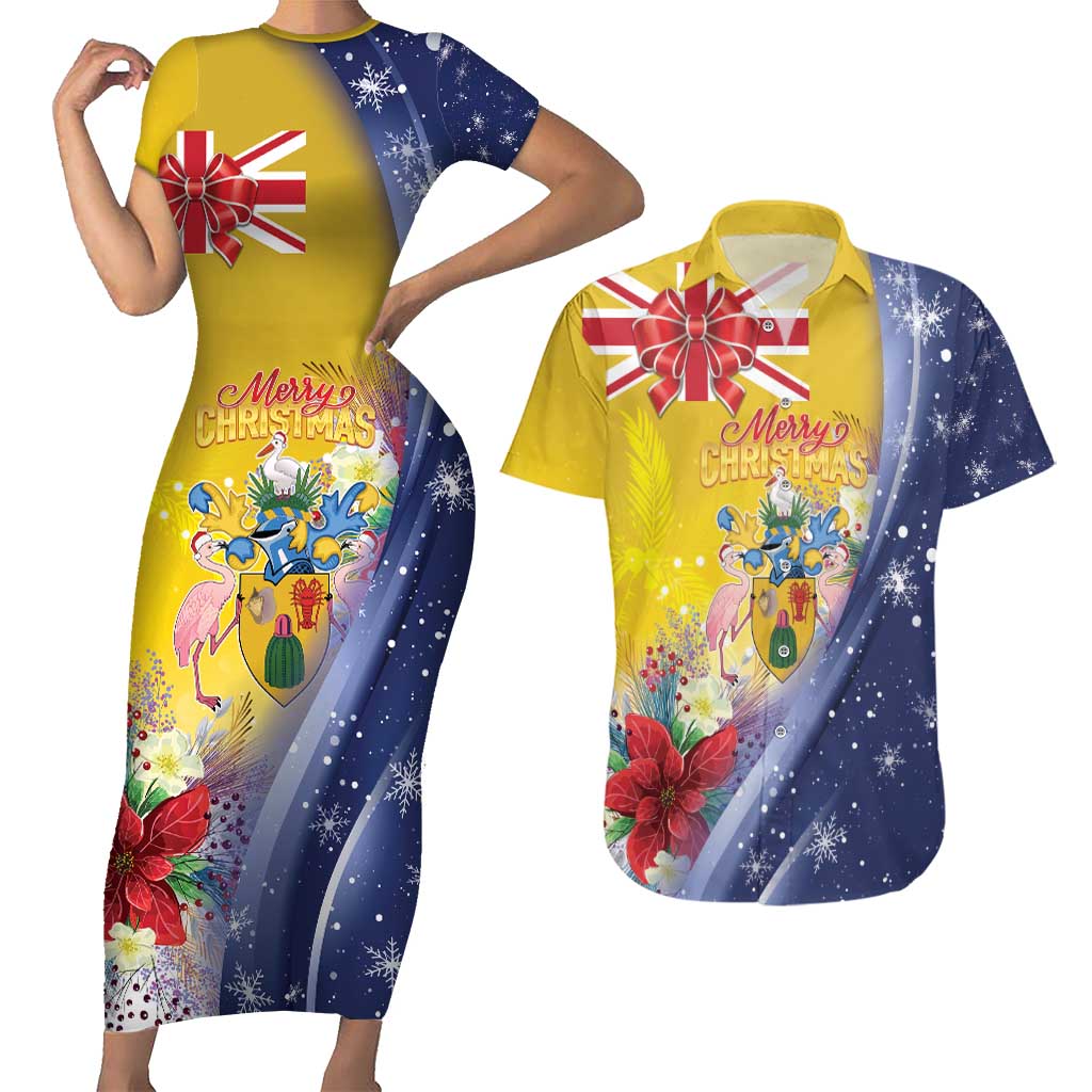 Turks And Caicos Islands Christmas Couples Matching Short Sleeve Bodycon Dress and Hawaiian Shirt Coquette Bow With Coat Of Arms - Wonder Print Shop