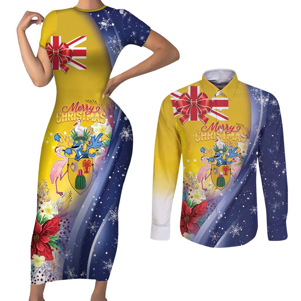 Turks And Caicos Islands Christmas Couples Matching Short Sleeve Bodycon Dress and Long Sleeve Button Shirt Coquette Bow With Coat Of Arms - Wonder Print Shop