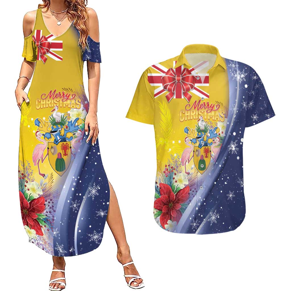Turks And Caicos Islands Christmas Couples Matching Summer Maxi Dress and Hawaiian Shirt Coquette Bow With Coat Of Arms - Wonder Print Shop