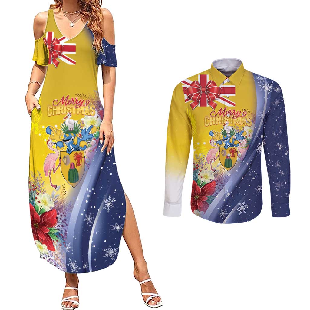 Turks And Caicos Islands Christmas Couples Matching Summer Maxi Dress and Long Sleeve Button Shirt Coquette Bow With Coat Of Arms - Wonder Print Shop
