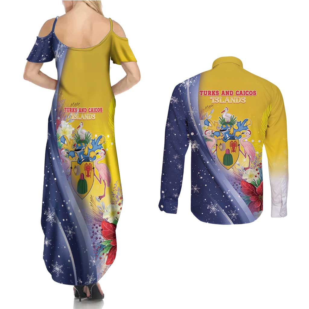Turks And Caicos Islands Christmas Couples Matching Summer Maxi Dress and Long Sleeve Button Shirt Coquette Bow With Coat Of Arms - Wonder Print Shop