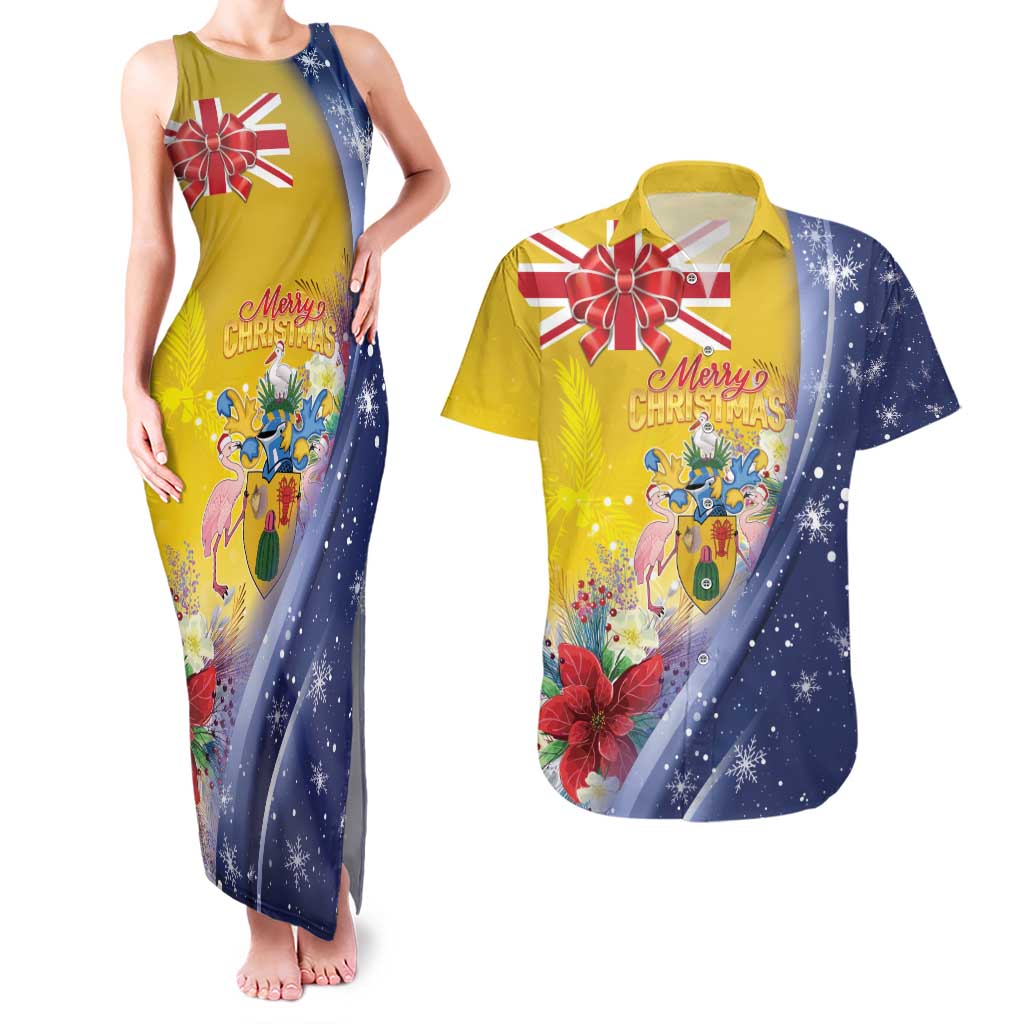 Turks And Caicos Islands Christmas Couples Matching Tank Maxi Dress and Hawaiian Shirt Coquette Bow With Coat Of Arms - Wonder Print Shop